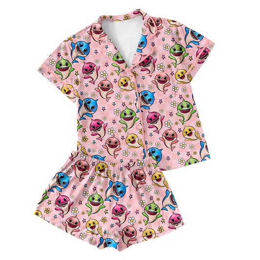 Preorder(moq 5)Adult Women Pink Cartoon Sharks Flowers Buttons Pocket Tee Shirts Shorts Pajamas Sets