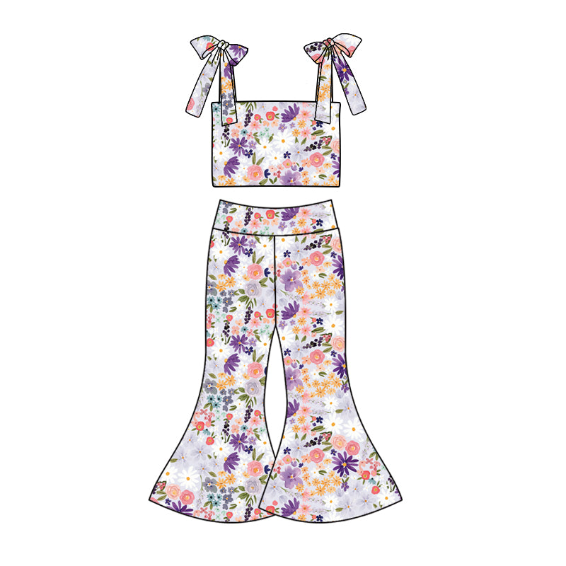 Preorder (moq 5)Baby Girls Purple Flowers Straps Top Bell Pants Clothes Sets