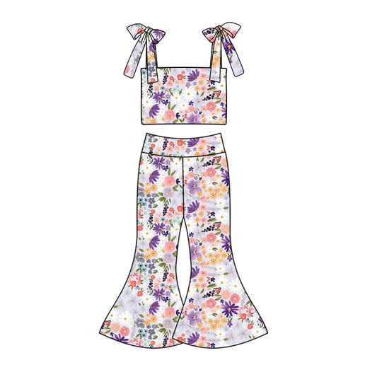 Preorder (moq 5)Baby Girls Purple Flowers Straps Top Bell Pants Clothes Sets