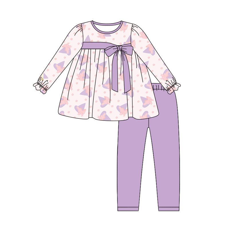 Preorder (moq 5)Baby Girls Long Ruffle Magic Hats Stars Tunic Lavender Legging Pant Sets