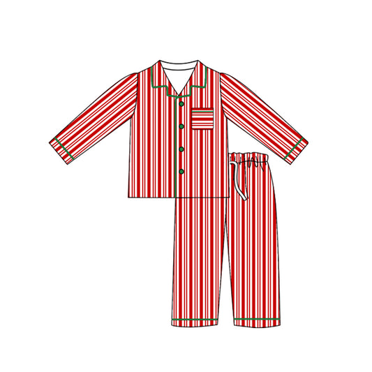 Preorder moq 5 Adult Women Long Sleeves Red Stripes Pocket Button Top Pant Pajamas Set