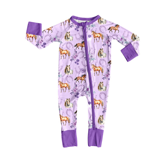 Preorder (moq 5)Baby Girls Flowers Horse Shoes Western Two Way Zip Convertible Rompers