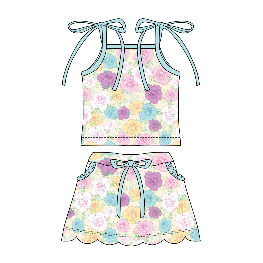 Preorder moq 5 Baby Girls Strap Colorful Floral Top Pockets Scallop Skirt Short Clothes Sets
