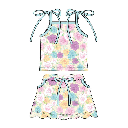 Preorder moq 5 Baby Girls Strap Colorful Floral Top Pockets Scallop Skirt Short Clothes Sets