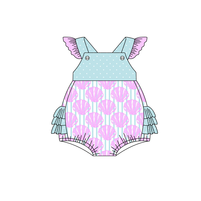 Preorder(moq 5)Baby Infant Girls Sea Shells Ruffles Straps Summer Rompers