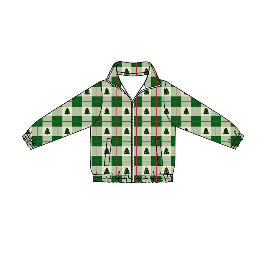 Preorder (moq 5)Baby Boys Green Checked Trees Christmas Zip Pockets Jackets Top