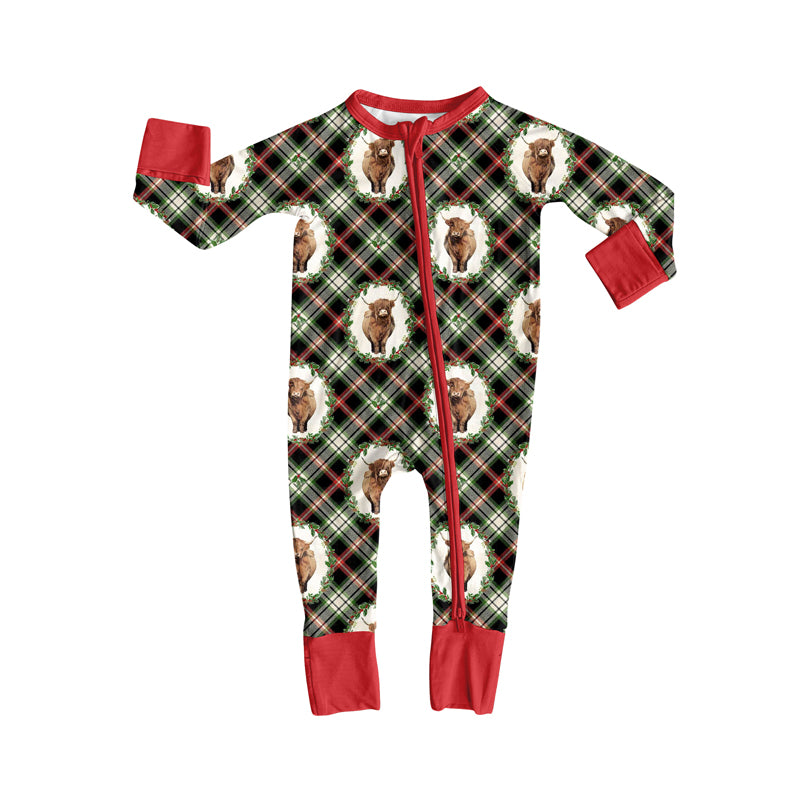 Preorder(moq 5)Baby Infant Boys Highland Cows Holly Plaid Christmas Zipper Rompers