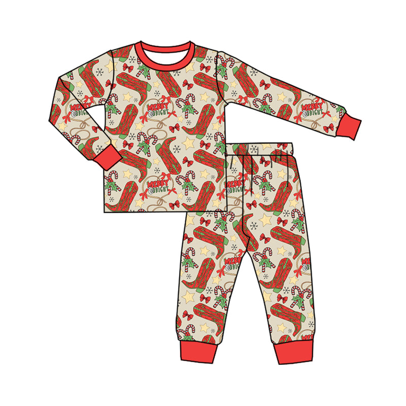 Preorder (moq 5)Baby Kids Long Sleeves Red Boots Candy Cane Top Pant Pajamas Set