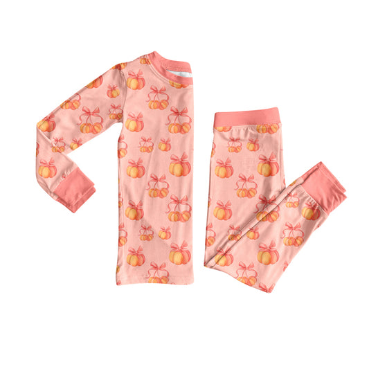 Preorder (moq 5)Baby Girls Long Sleeves Bows Pumpkins Plaid Top Pants Pajamas Set