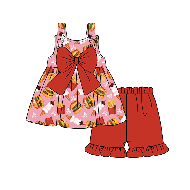 Preorder (moq 5)Baby Girls Hamburgur Bows Tunic Top Ruffle Shorts Clothes Sets