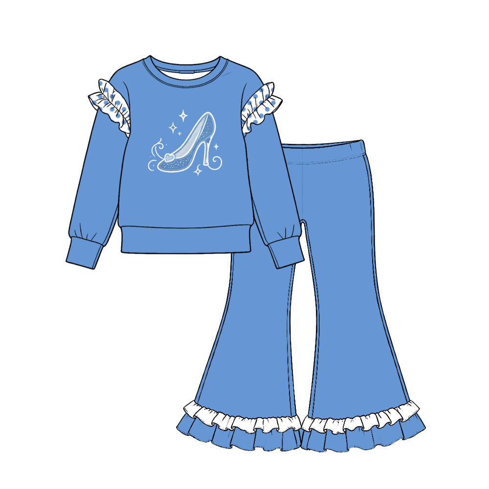 Preorder (moq 5) Baby Girl Clothes Sparkly Glass Slipper Print Long Sleeve Polka Dot Ruffle Sleeve Flare Pant Set
