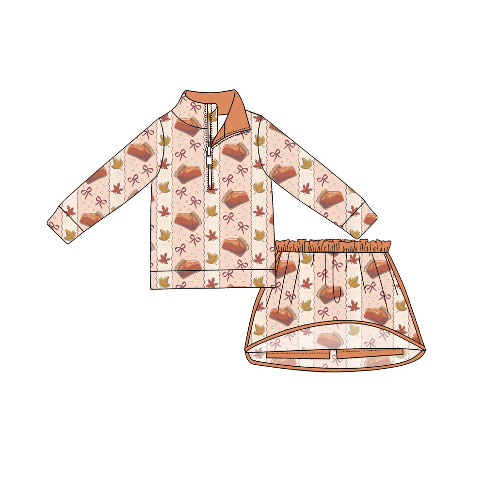 Preorder (moq 5)Baby Girls Bows Cakes Stripe Zip Pullovers Top Skirt Short Thanksgiving Clothes Set