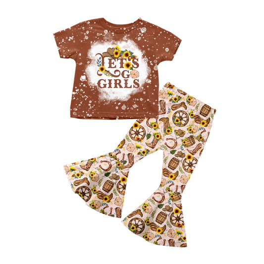 Preorder (moq 5)Baby Girls Brown Short Sleeves Let's Go Girls Top Boots Bell Bottom Pant Set