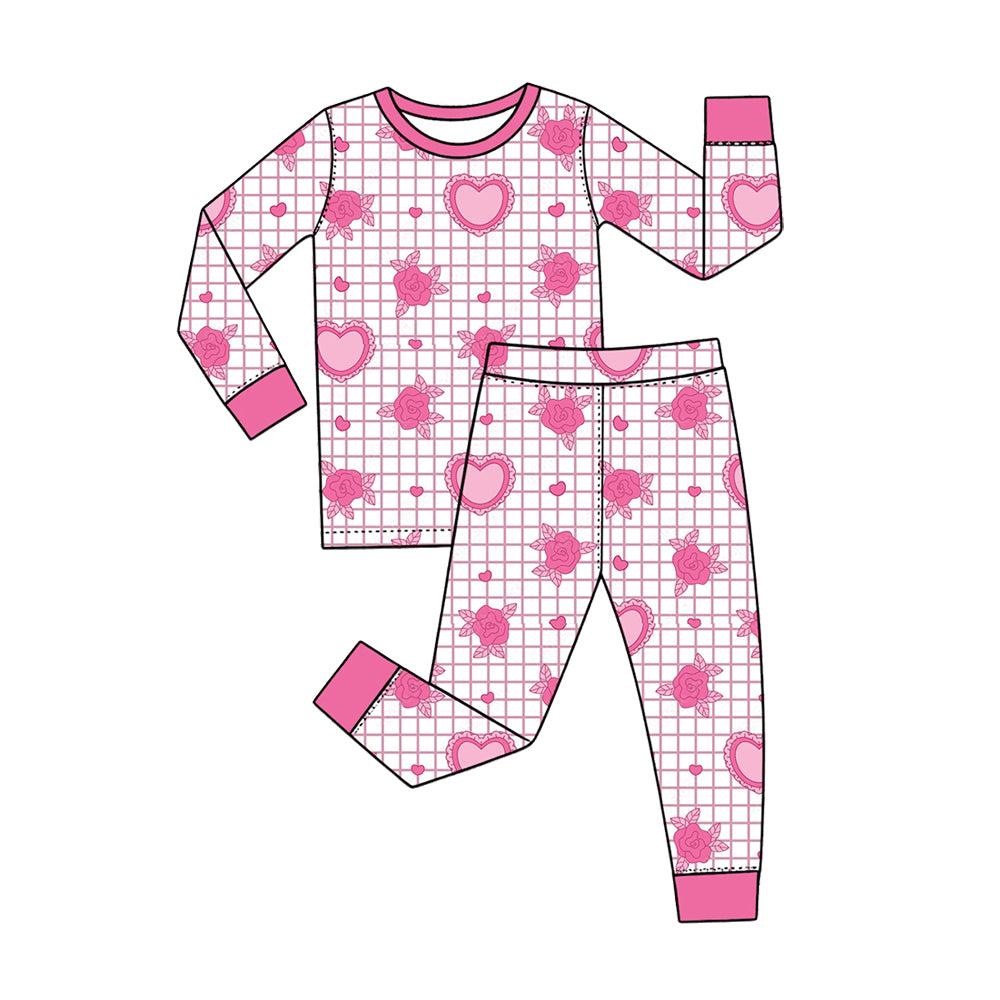 Preorder (moq 5) Baby Girl Clothes Valentine Rose Grid Heart Print Long Sleeve Pajama Set