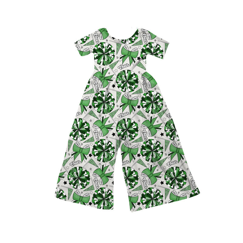 Preorder(moq 8)Baby Girls Green Bows Go Footballs Short Sleeve Team Pant Jumpsuits