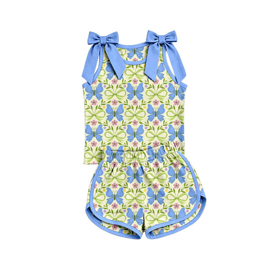 Preorder (moq 5)Baby Girls Bows Sleeveless Butterfly Flowers Checked Top Short Clothes Set