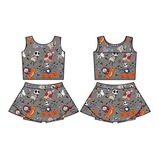 Preorder (moq 5)Baby Girls Sleeveless Cartoon Skull Ghost Vest Top Skorts Set
