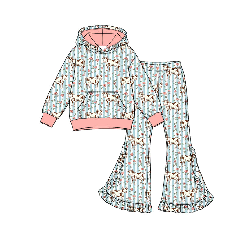 Preorder (moq 5) Girls’ Fall Blue Hooded Long-Sleeve Cow & Pink Floral Ruffle Flare Pants Print Set | Matching Sister & Family Outfits