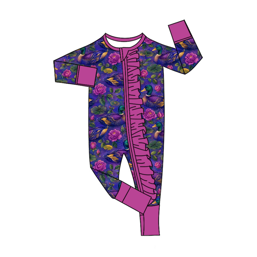 Preorder (moq 5) Baby Girl Purple Duck Rose Floral Print Long Sleeve Front Ruffle Zipper Romper
