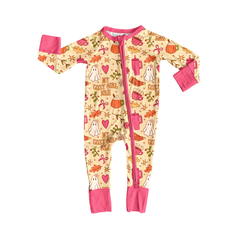 Preorder(moq 5)Baby Girls Pink Bows Ghosts Halloween Zipper Footie Rompers