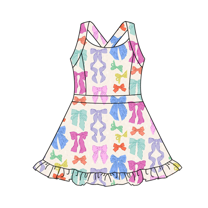 Preorder moq 10 Baby Girls Strap Colorful Bows Activity Wear Yoga Knee Length Dresses