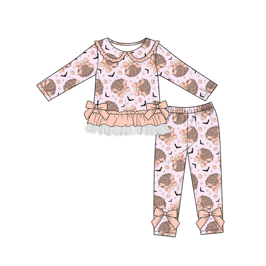 Preorder (moq 5)Baby Girls Leopard Pumpkins Bats Lace Ruffle Top Leggings Halloween Sets