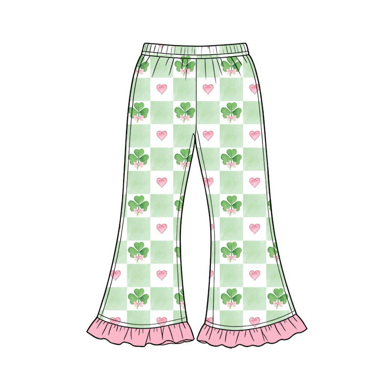 Preorder (moq 5) Baby Girl Clothes Clover Heart Checker Print Long Sleeve Ruffle Flare Pant