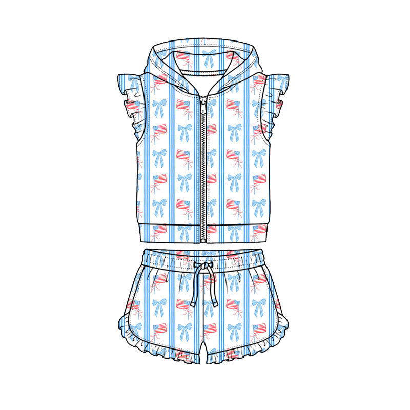 Preorder (moq 5)Baby Girls Flag Bows Stripe Hoodie Zip Jacket Ruffle Short 4th of July Clothes Sets