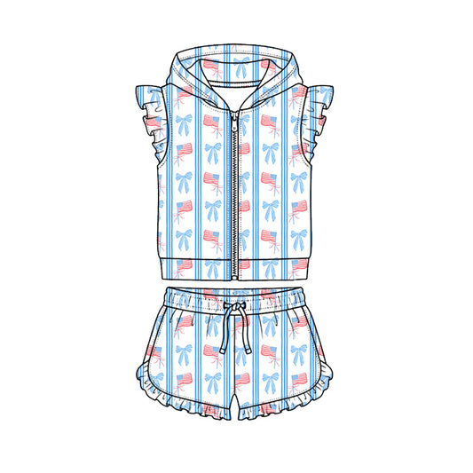 Preorder (moq 5)Baby Girls Flag Bows Stripe Hoodie Zip Jacket Ruffle Short 4th of July Clothes Sets