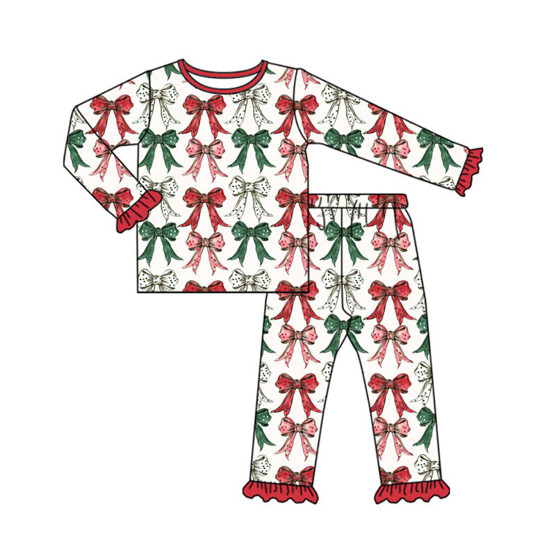 Preorder(moq 5) Baby Girls Long Ruffle Sleeves Green Red Bows Plaid Top Pants Pajamas Set