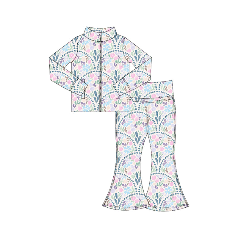 Preorder (moq 5)Baby Girls Colorful Floral Plaid Zipper Jacket Top Bell Bottom Pants Set