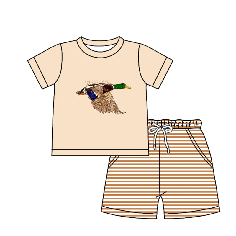 Preorder (moq 5)Baby Boys Wild Ducks Hunting Khaki Shirt Top Stripes Shorts Outfits