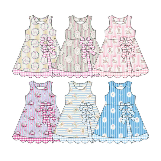 Preorder (moq 5) Baby Girl Clothes Easter Bunny Vintage Blue Stripe Print Sleeveless Bow Scallop Hem Boutique Dress