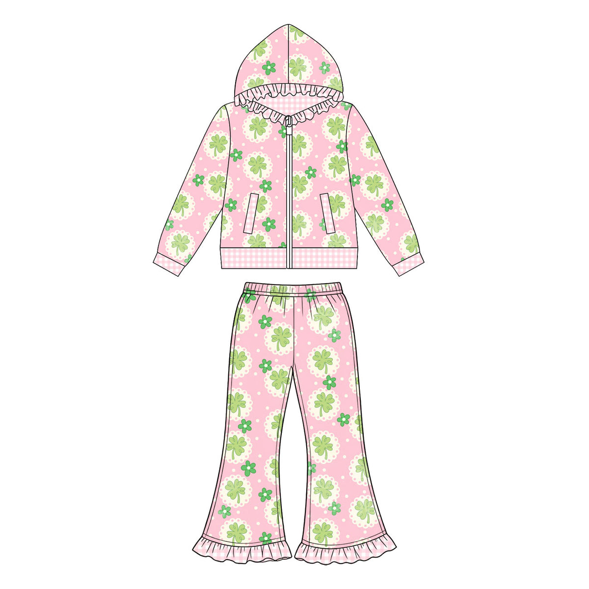 Preorder (moq 5) Baby Girl Clothes Pink Clover Dot Print Long Sleeve Ruffle Zip Jacket & Ruffle Flare Pant Set