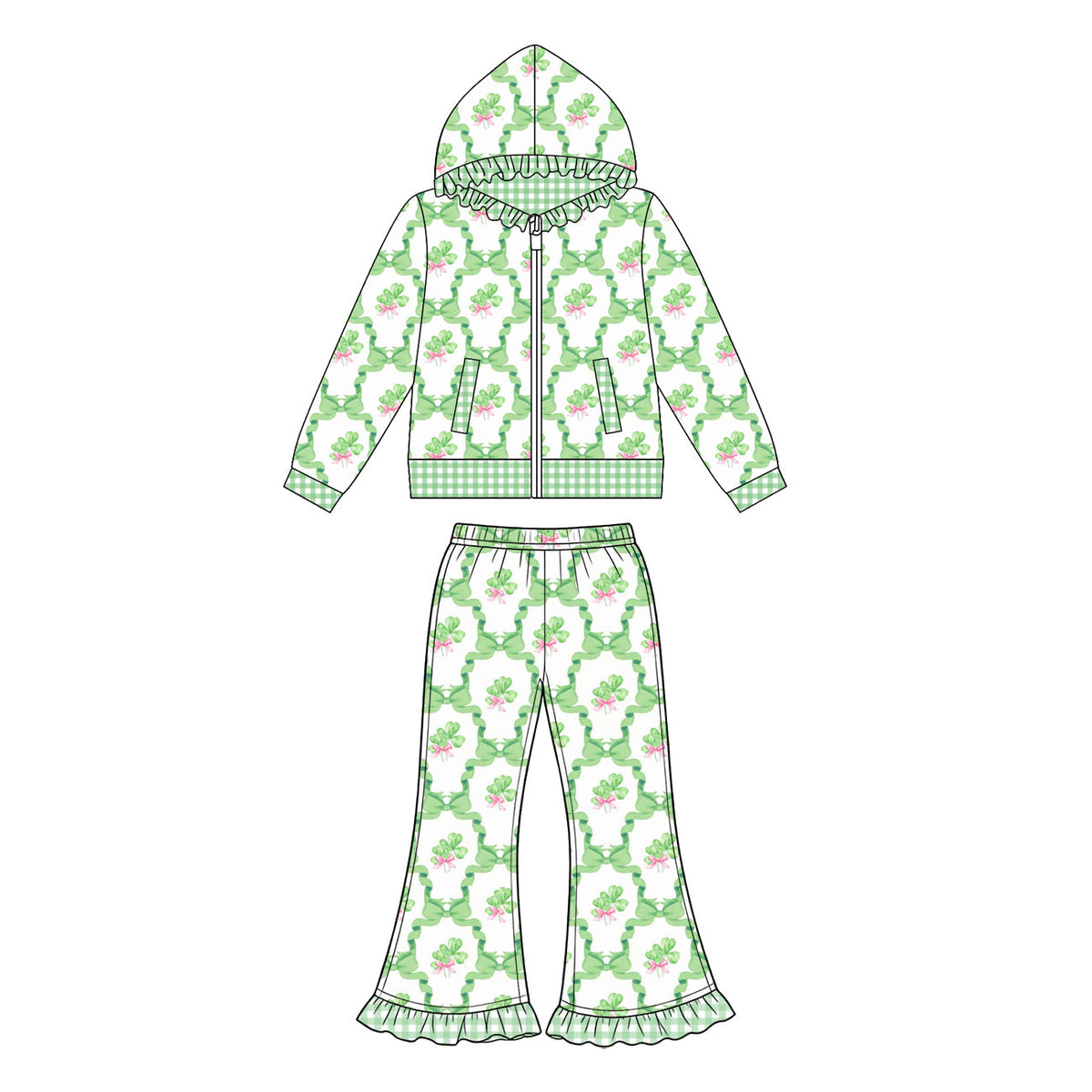 Preorder (moq 5) Baby Girl Clothes Green Clover Bow Plaid Print Long Sleeve Ruffle Zip Jacket & Ruffle Flare Pant Set