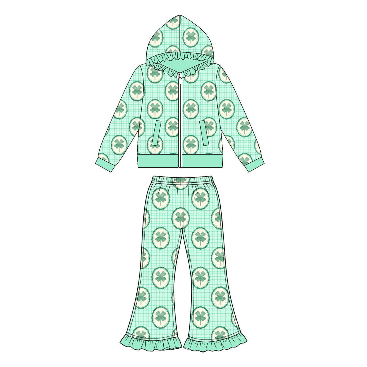 Preorder (moq 5) Baby Girl Clothes Vintage Clover Frame Grid Print Long Sleeve Ruffle Zip Jacket & Ruffle Flare Pant Set