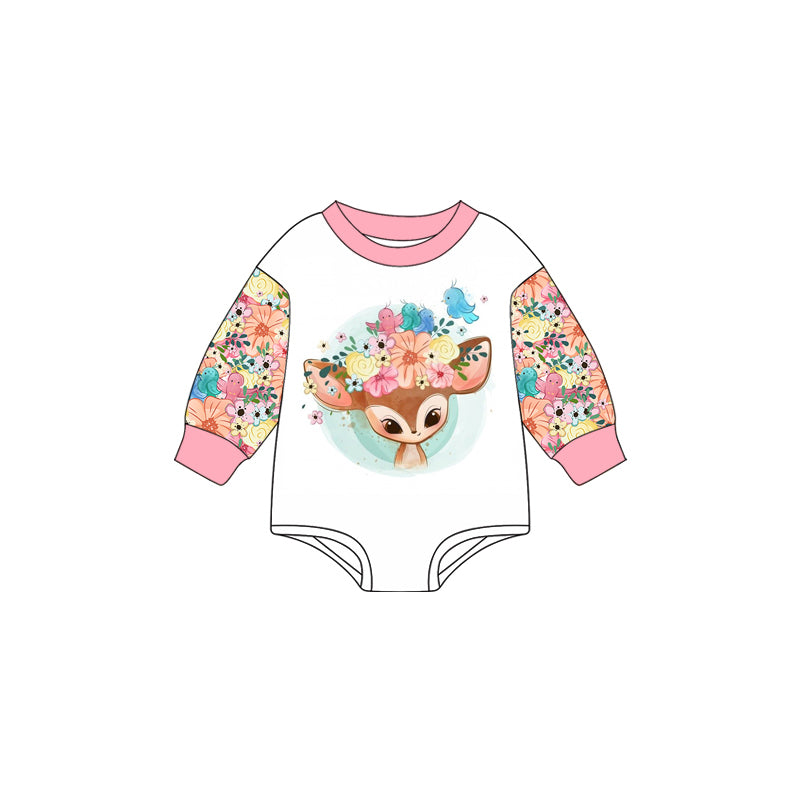 Preorder (moq 5)Baby Girls Pink Long Sleeves Flowers Deer Birds Romper