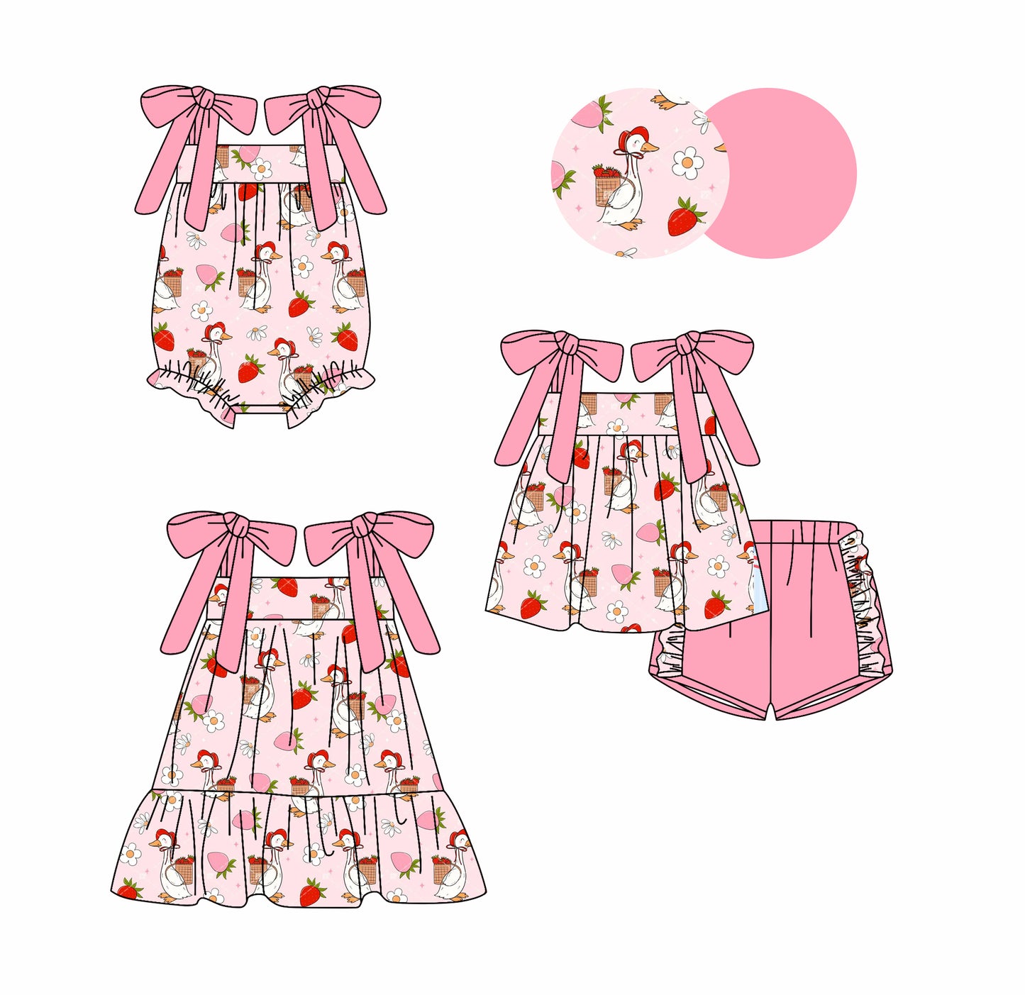 Preorder moq 5 Custom Baby Girls Pink Bows Strap Ducks Flowers Tunic Ruffle Short Set Dress And Rompers