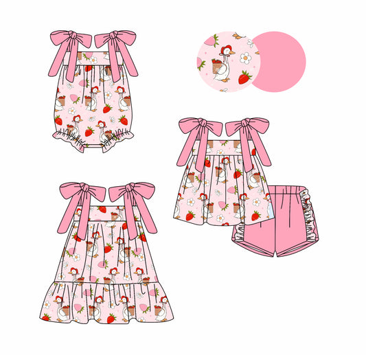 Preorder moq 5 Custom Baby Girls Pink Bows Strap Ducks Flowers Tunic Ruffle Short Set Dress And Rompers