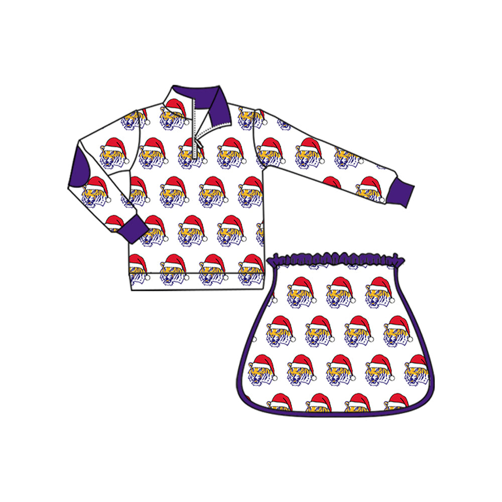 Preorder (moq 5)Baby Girls LSU Tiger Team Christmas Zip Pullovers Top Skort Shorts Clothes Sets