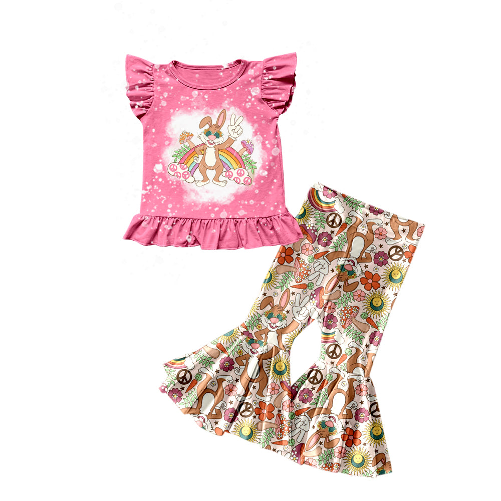 Baby Girls Easter Pink Rabbit Flutter Sleeve Shirts Bell Pants Clothes Sets preorder(moq 5)