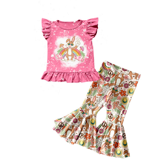 Baby Girls Easter Pink Rabbit Flutter Sleeve Shirts Bell Pants Clothes Sets preorder(moq 5)