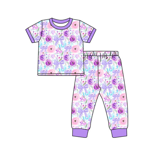 Baby Girls Lavender Flowers Bows Shirt Pants Pajamas Clothing Sets preorder(MOQ 5)