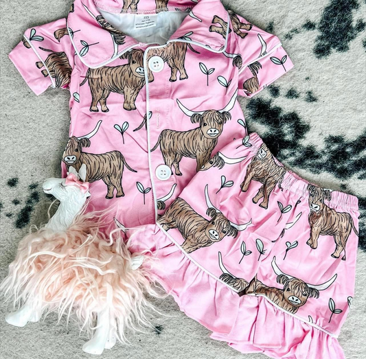 Baby girls pink heifer western shorts summer button down pajamas