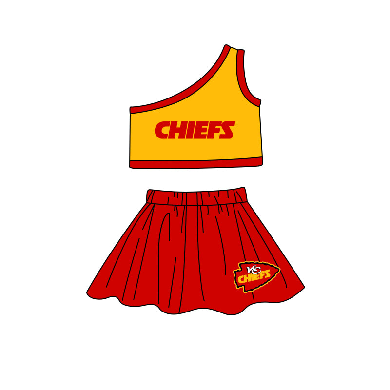 Baby Girls One Shoulder Chiefs Cheer Team Top Skirt Clothes Sets preorder(MOQ 5)