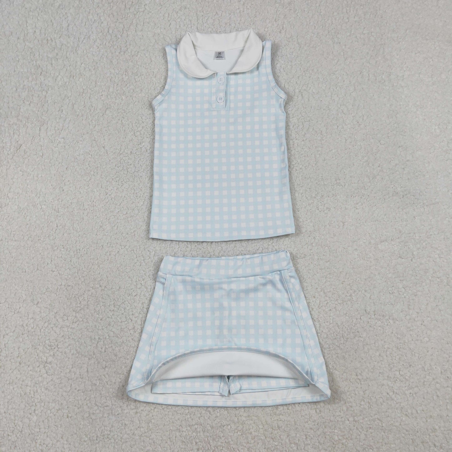 Baby Girls Light Blue Checked Button Collar Top Skirt Shorts Yoga Active Clothes Sets