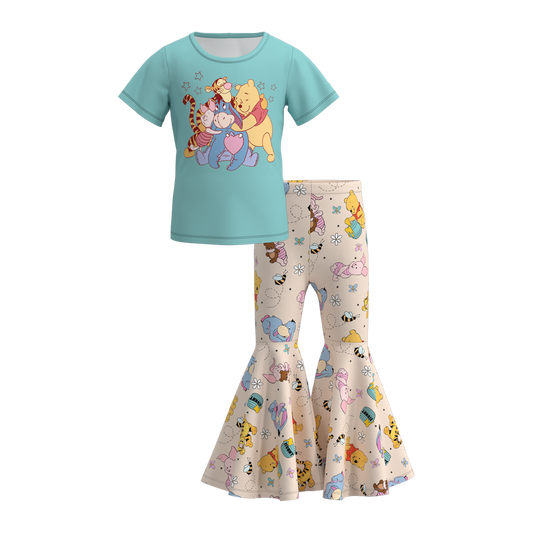 Baby Girls Bears Cartoon Shirt Bell Bottom Pants Outfits Sets Preorder(moq 5)