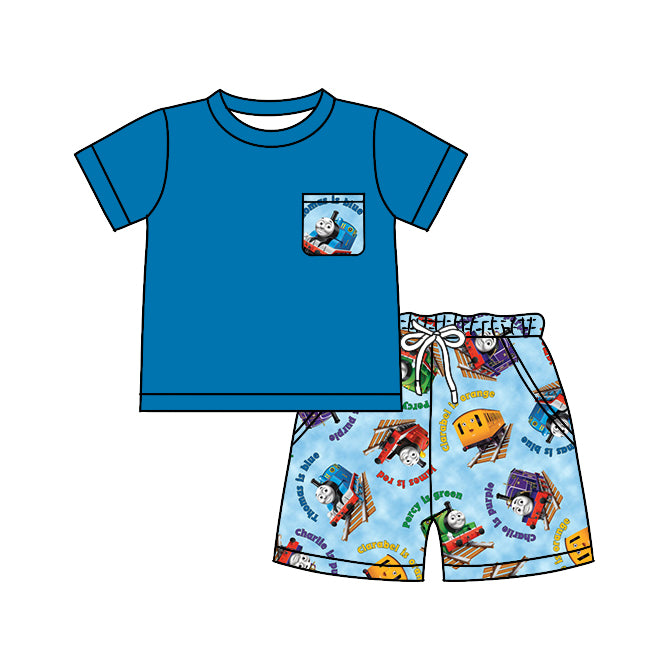 Baby Boys Blue Pocket Shirt Train Shorts Clothes Sets preorder(moq 5)