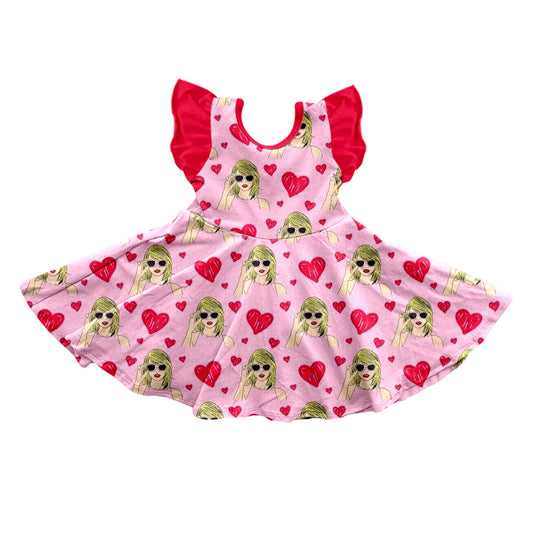 Baby Girls Valentines Heart Twirl Singer Pink Flutter Sleeve Dresses preorder(moq 5)