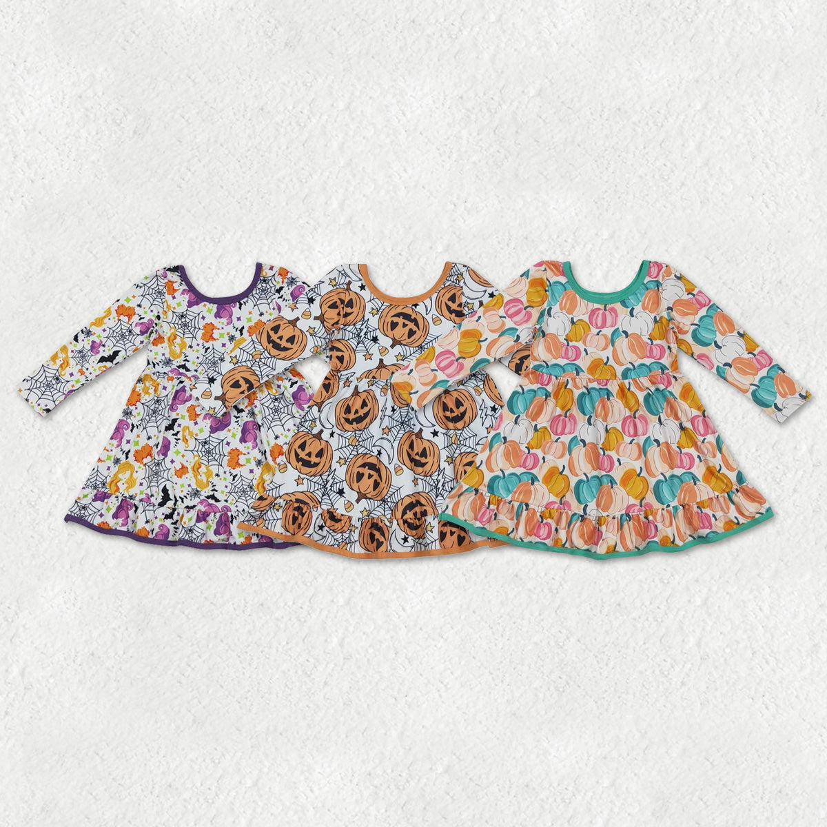 Sibling Baby Girls Ghosts Pumpkins Halloween Fall Ruffle Knee Length Dresses